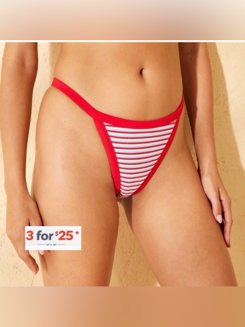 High rise Cheeky Red and White Striped Bikini Bottom